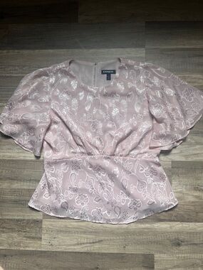 Express Light Pink Floral Satin Puff-Sleeve Blouse